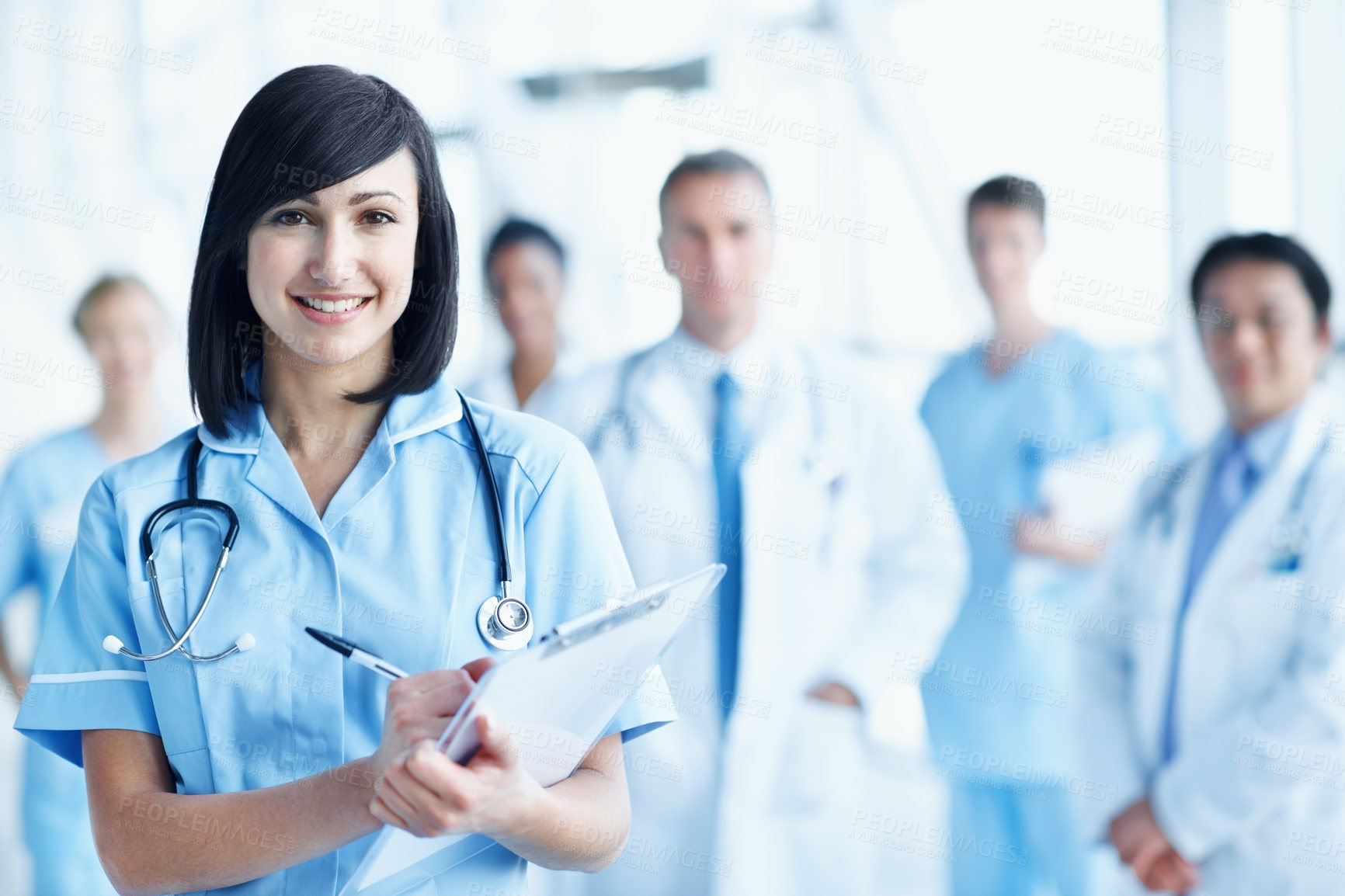 Buy stock photo Clipboard, portrait and writing with nurse in hospital for healthcare mission, solidarity and consulting. Medical, community and about us with people in clinic for support, doctors and collaboration