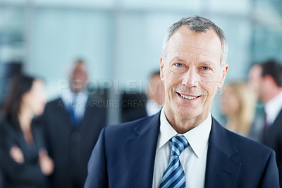 Buy stock photo Portrait, corporate and smile with business man for financial conference, coworkers or about us. Broker convention, workshop event and seminar with mature employee in lobby for tradeshow leadership
