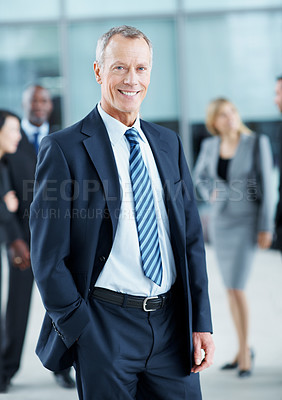Buy stock photo Portrait, corporate and happy with business man for financial summit, coworkers or about us. Broker convention, workshop event and seminar with mature employee in lobby for tradeshow and conference