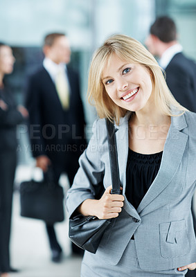 Buy stock photo Portrait, expo and smile with business woman in conference for financial summit, coworkers and about us. Broker convention, workshop event and seminar with employee in lobby for tradeshow forum