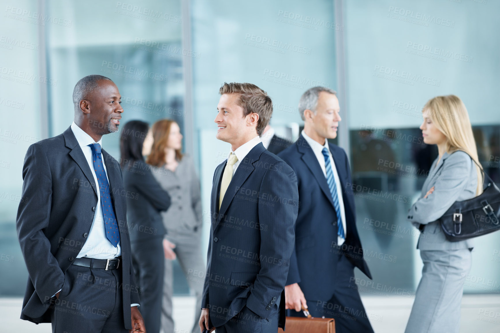 Buy stock photo Meeting, conference and team with business people in office for networking event, expo and talking. Corporate summit, conversation and convention with employees in lobby at seminar for discussion