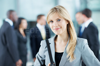 Buy stock photo Portrait, expo and happy with business woman for financial summit, coworkers and about us. Broker convention, workshop event and seminar with employee in lobby for tradeshow forum and conference