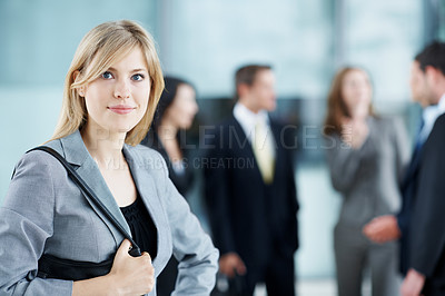 Buy stock photo Portrait, summit and corporate with business woman for financial expo, coworkers and about us. Broker convention, workshop event and seminar with employee in lobby for tradeshow forum and conference