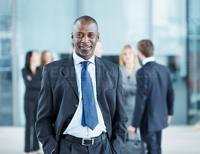 Buy stock photo Portrait, expo and career with business man in conference for financial summit, coworkers and about us. Happy broker, workshop event and convention with mature employee in lobby for tradeshow forum