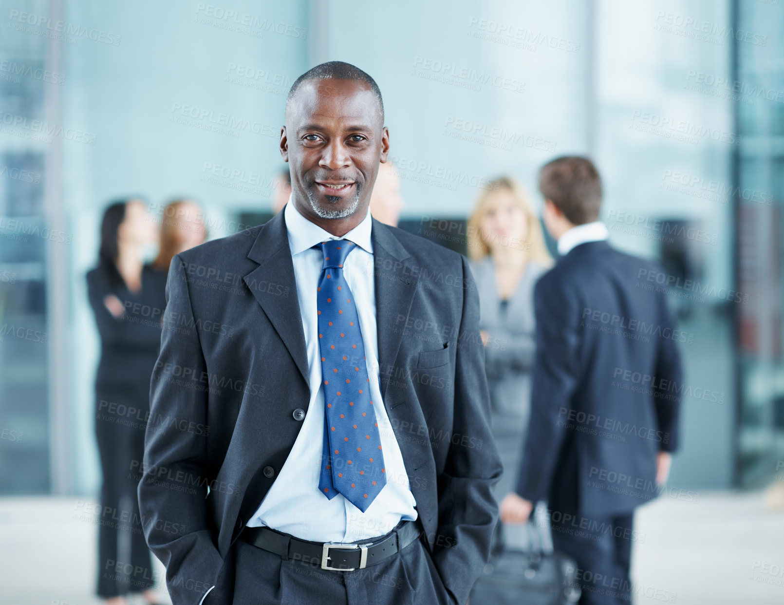 Buy stock photo Portrait, expo and career with business man in conference for financial summit, coworkers and about us. Happy broker, workshop event and convention with mature employee in lobby for tradeshow forum