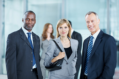 Buy stock photo Smile, team and portrait of business people at conference for networking expo, seminar and solidarity. Tradeshow event, corporate workshop and mission with employees in lobby for about us and forum