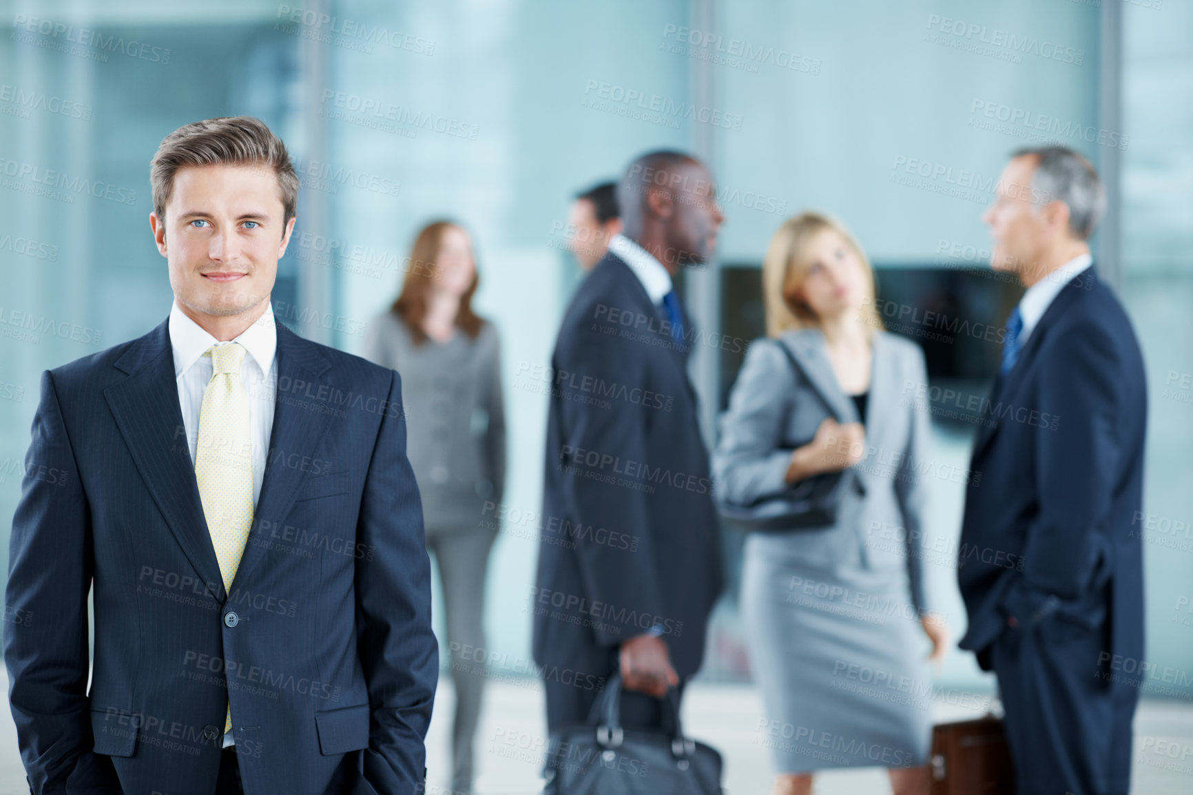 Buy stock photo Portrait, expo and smile with business man in conference for financial summit, coworkers and about us. Broker convention, workshop event and seminar with employee in lobby for tradeshow forum