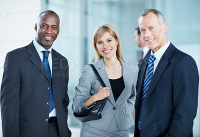 Buy stock photo Happy, team and portrait of business people at conference for networking expo, seminar and solidarity. Tradeshow event, corporate workshop and mission with employees in lobby for about us and forum