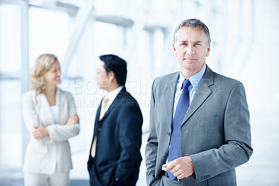 Buy stock photo Portrait, corporate and conference with business man as keynote speaker, broker expo or event. Trading expert, team and about us with mature employee at convention center for investor seminar