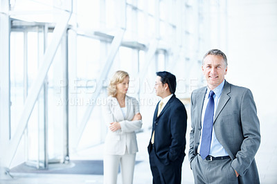 Buy stock photo Portrait, space and conference with business man as keynote speaker, broker expo or team. Trading expert, tradeshow and about us with mature employee at convention center for investor seminar