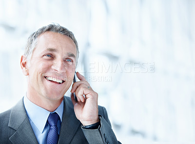 Buy stock photo Business, man or happy with phone call in office for finance deal, investment feedback or space. Contact, mature account manager or mobile chat with investor for funding proposal, good news or update