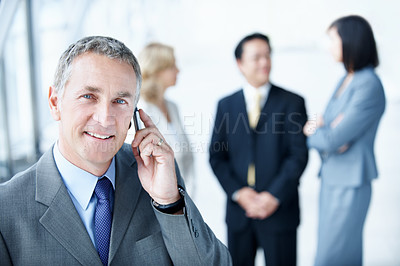 Buy stock photo Phone call, smile and portrait with business man for negotiation, communication and tradeshow update. Networking, conversation and mediator chat with mature person for conference, expo and cellphone