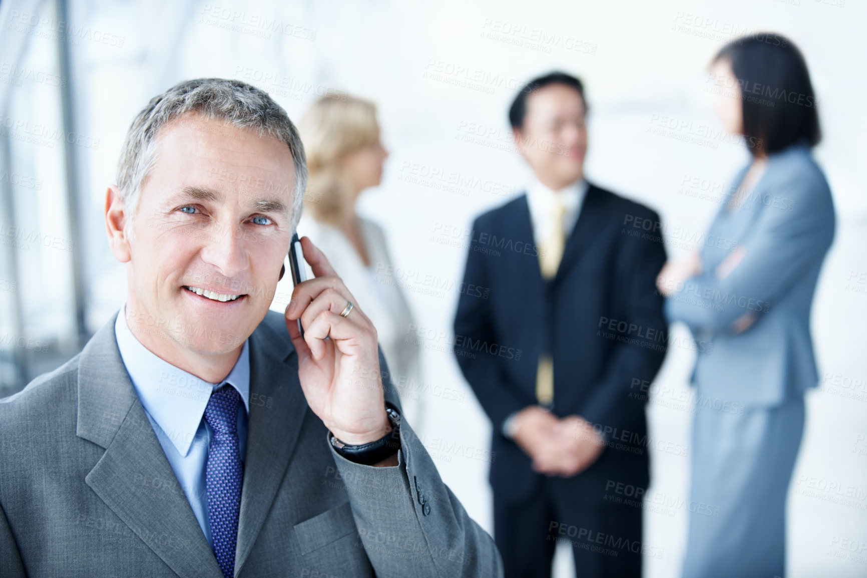 Buy stock photo Phone call, smile and portrait with business man for negotiation, communication and tradeshow update. Networking, conversation and mediator chat with mature person for conference, expo and cellphone