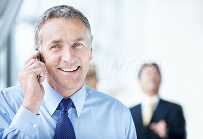 Buy stock photo Phone call, portrait and seminar with business man for negotiation, communication or tradeshow update. Networking, conversation or mediator chat with mature person for conference, expo and cellphone