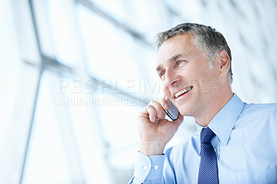 Buy stock photo Phone call, smile and conference with business man for negotiation, communication and tradeshow update. Networking, conversation and mediator chat with mature person for space, expo and convention
