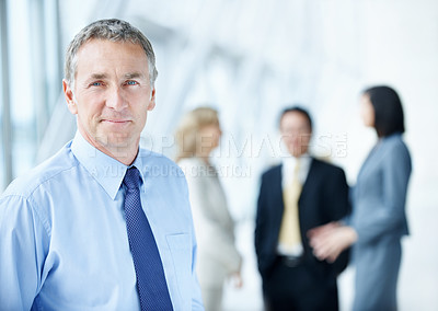 Buy stock photo Portrait, manager and expo with business man as keynote speaker, broker conference or event. Team, trade show and about us with mature employee at convention center for investor seminar space