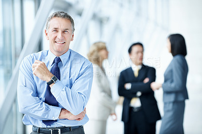 Buy stock photo Portrait, conference and corporate with business man for sales convention, professional and about us. Negotiation upskill workshop, expo and regional manager with mature employee for seminar