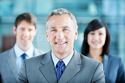Buy stock photo Portrait, conference and businessman in lobby for financial workshop, seminar and convention. Corporate agency, mature leader and happy group of people for networking event, finance expo or meeting