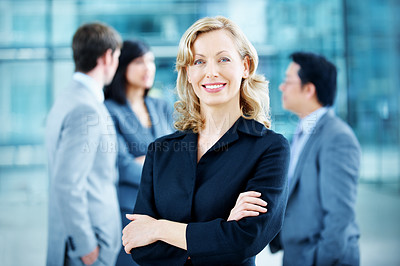 Buy stock photo Portrait, arms crossed and business woman in lobby for conference workshop, seminar or convention. Financial agency, professional office or mature person for networking event, finance expo or meeting