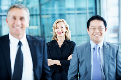 Buy stock photo Team, portrait and arms crossed with business woman at conference for mission, corporate seminar or pride. Solidarity, financial summit and workshop with employees in lobby for b2b event and about us