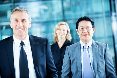 Buy stock photo Team, portrait and pride with business man at conference for mission, corporate seminar and smile. Solidarity, financial summit and workshop with employees in lobby for b2b event and about us