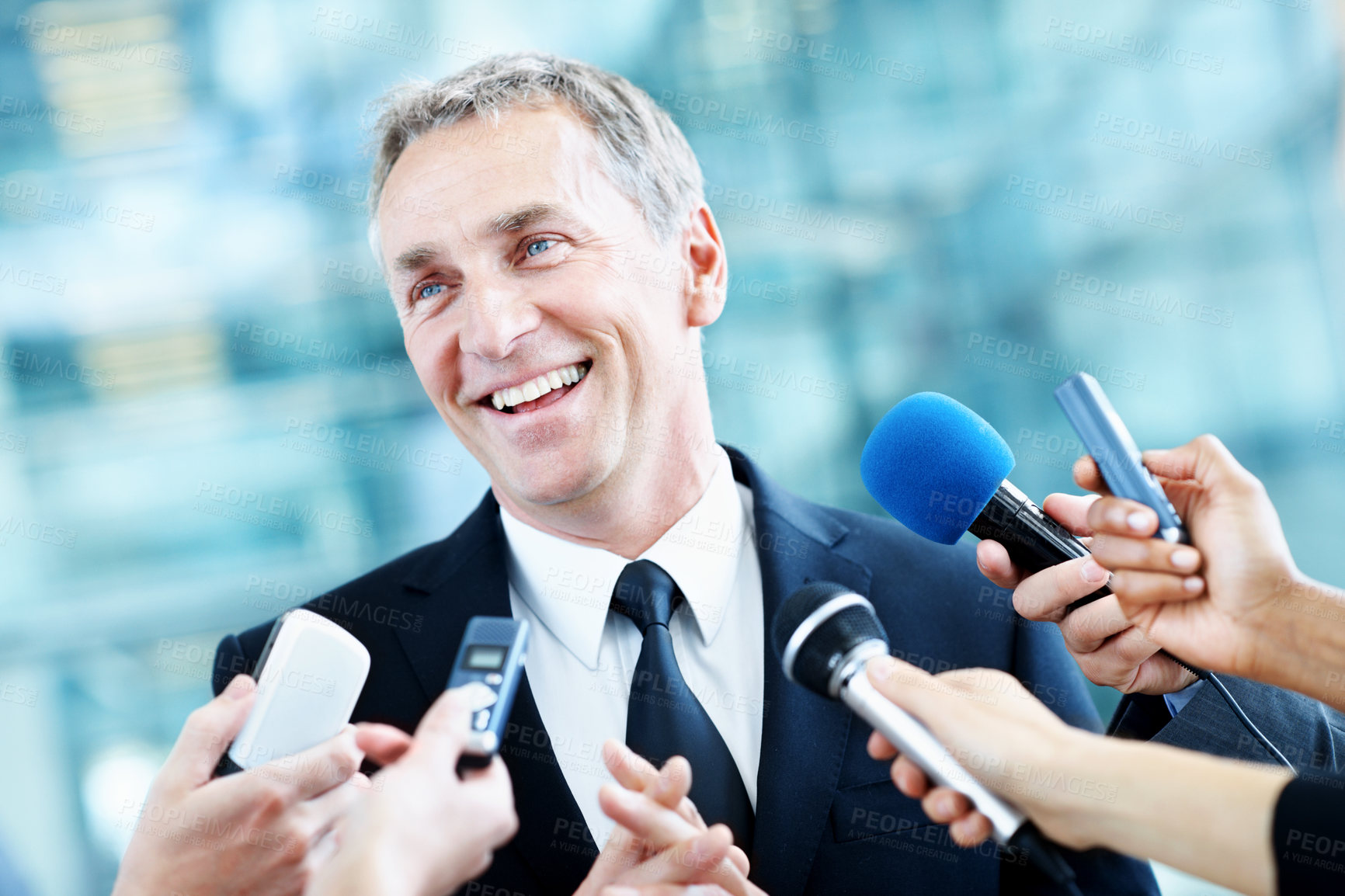 Buy stock photo Interview, senator and smile with man and microphone for journalist, political campaign and reporter. News broadcast, press conference and government ambassador with people for speaker and election
