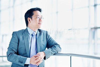 Buy stock photo Space, vision and business asian man in office for conference, keynote speaker and reflection. Capital venture, investor expo and future with person in seminar for thinking and account advisor