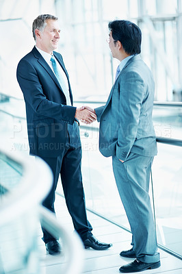 Buy stock photo People, investor or handshake in business for welcome, company introduction or b2b opportunity. Stakeholders, partnership or shaking hands in office for greeting, financial collaboration or agreement