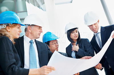 Buy stock photo Architect, meeting and discussion with business people with blueprint for engineer, team and design. Construction project, inspection and building floor plan with employees for property developer