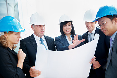 Buy stock photo Architect, discussion and team with business people with blueprint for engineer, meeting and design. Construction project, building inspection and floor plan with employees for property developer