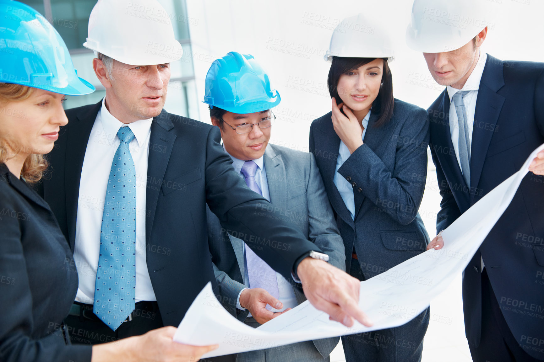 Buy stock photo Architect, pointing and team with business people with blueprint for engineer, discussion and design. Construction project, building inspection and floor plan with employees for property developer