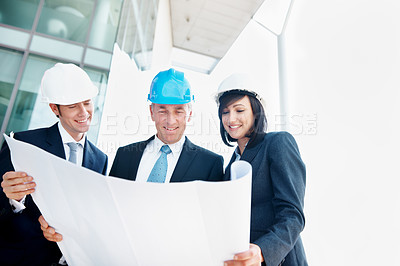 Buy stock photo Architect, city and team with business people with blueprint for engineer, inspection and design. Construction project, discussion and building floor plan with employees for property developer