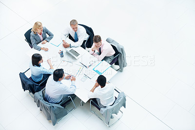 Buy stock photo Above, people and business meeting in conference room, discussion and finance team for budget overview. Group, collaboration and paperwork with pc for financial planning, space or expenses chat