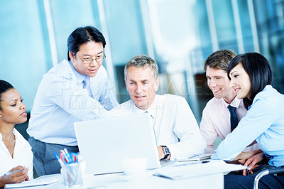 Buy stock photo Team, mentor and advice with laptop in business for market summary, live trading tips or listening. Traders, people or coaching with tech in office for platform navigation, stocks training or meeting