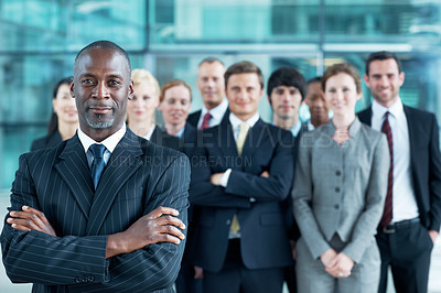 Buy stock photo Portrait, leadership and arms crossed with business man at conference for diversity, solidarity and expo. Corporate seminar, tradeshow and manager with employees in lobby for about us and community