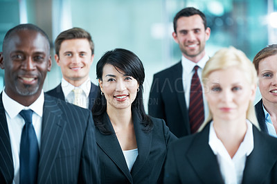Buy stock photo Smile, team and portrait of business woman at conference for networking expo, seminar and solidarity. Tradeshow event, corporate workshop and mission with employees in lobby for about us and forum