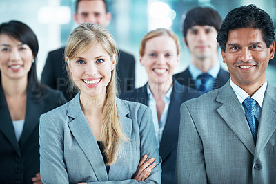 Buy stock photo Portrait, smile and solidarity with business people in office for community, arms crossed or diversity. Synergy, support and partnership with employees in lobby for career, about us and mission