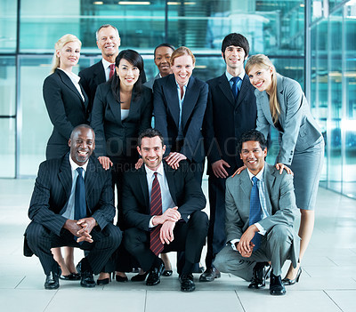 Buy stock photo Portrait, smile and diversity with business people at conference for community, solidarity and expo. Corporate seminar, tradeshow and partnership with employees in lobby for about us and team