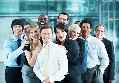 Buy stock photo Huddle, team and portrait of business people at conference for networking expo, seminar and solidarity. Tradeshow event, corporate workshop and mission with employees in lobby for about us and forum