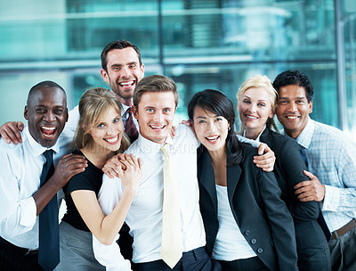 Buy stock photo Portrait, friends and diversity with business people at conference for community, solidarity and expo. Corporate seminar, tradeshow and partnership with employees in lobby for about us and team