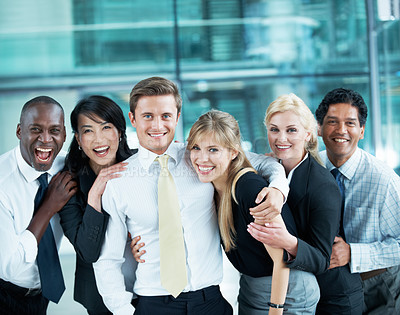 Buy stock photo Happy, team and portrait of business people at conference for networking expo, seminar and solidarity. Tradeshow event, corporate workshop and mission with employees in lobby for about us and forum