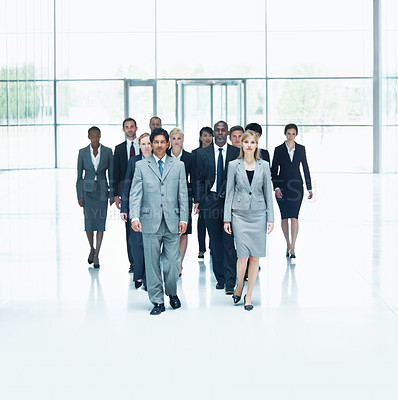 Buy stock photo Portrait, diversity and walking with business people in office for community, solidarity or team. Synergy, support and partnership with group of employees in lobby for space, about us and mission