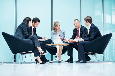 Buy stock photo Laptop, team  and talk with business people in office for sales projection, stakeholder and research. Treasurer budget, digital review and revenue planning with employees in lobby for feedback