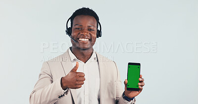 Buy stock photo Green screen, call center and black man with thumbs up on cellphone in studio for crm or contact. Happy, portrait and customer service agent with mockup space on phone and headset on white background