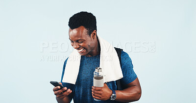 Buy stock photo Fitness, phone and water with black man for health tracking or progress report. App, space and towel with happy male person on studio background for exercise feedback, text message or typing
