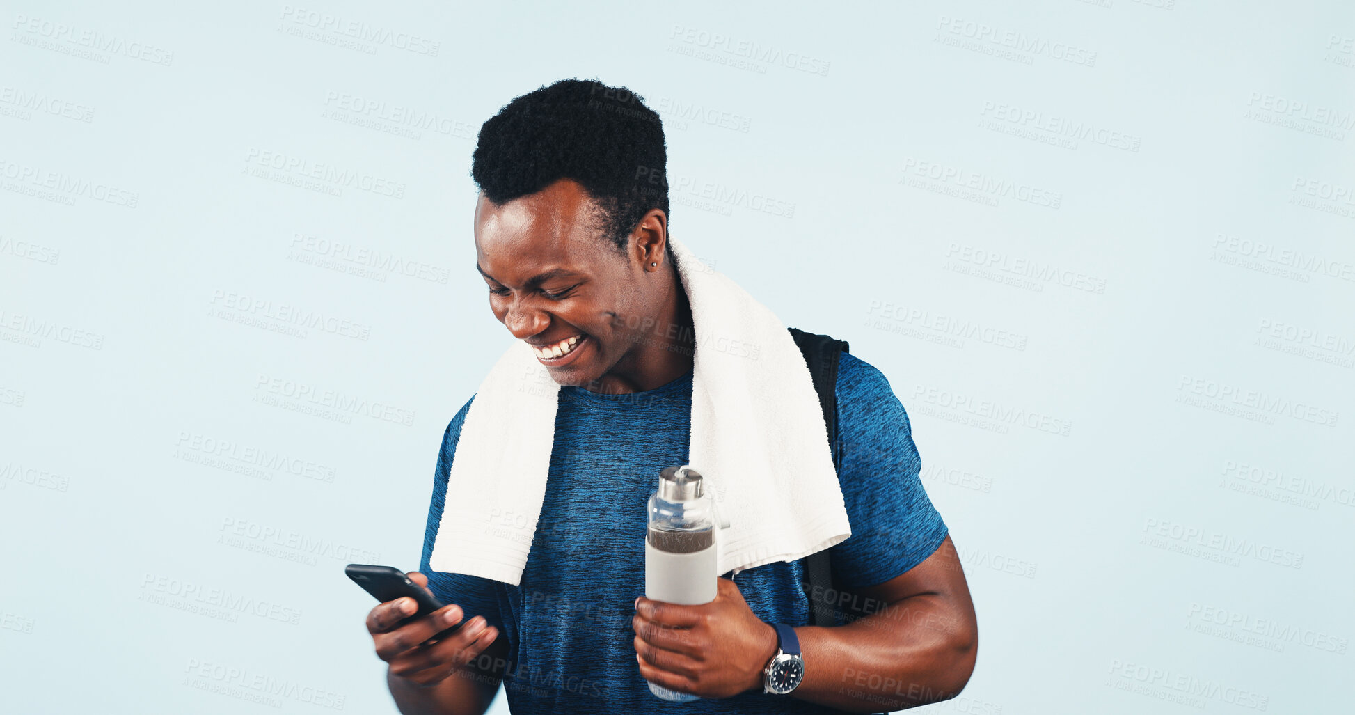 Buy stock photo Fitness, phone and water with black man for health tracking or progress report. App, space and towel with happy male person on studio background for exercise feedback, text message or typing