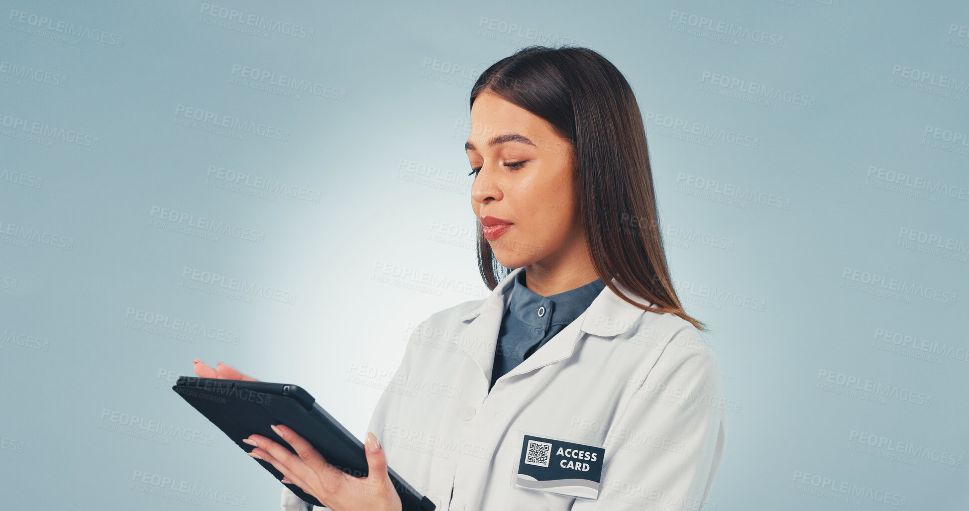 Buy stock photo Tablet, woman and scientist in studio with medical research, innovation or pharmaceutical report. Digital technology, mockup space and biologist with science project for healthcare on blue background