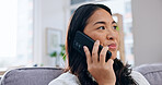 Phone call, relax and woman on sofa in home with gossip, communication or connectivity in living room. Cellphone, happy and Asian person on mobile conversation for catch up in apartment on weekend.