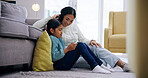 Bonding, mother and girl in house with tablet, fun together and playing game on virtual platform. Smile, parent and daughter on floor with tech, digital puzzle and happy moment with online contest.