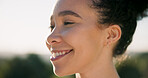 Outdoor, thinking and woman with smile on holiday break, peace and calm with wellness. Nature, reflection and happy female person on vacation getaway with thoughts, view or sightseeing with space